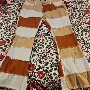 Patchwork Flare Jeans - Tan and Cream